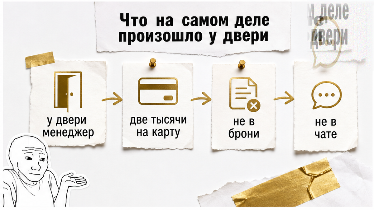 Менеджер у двери просит ещё 2 000 ₽ переводом — суммы нет в подтверждении.