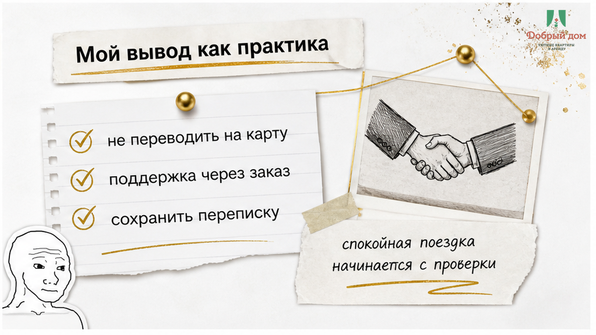 Не переводите на карту у двери — пишите в поддержку площадки через заказ.