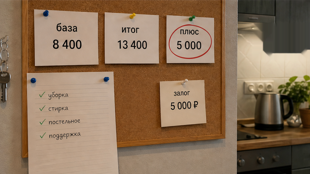 Доска с заметками: база 8 400, итог 13 400, плюс 5 000 залог отдельно от поездки
