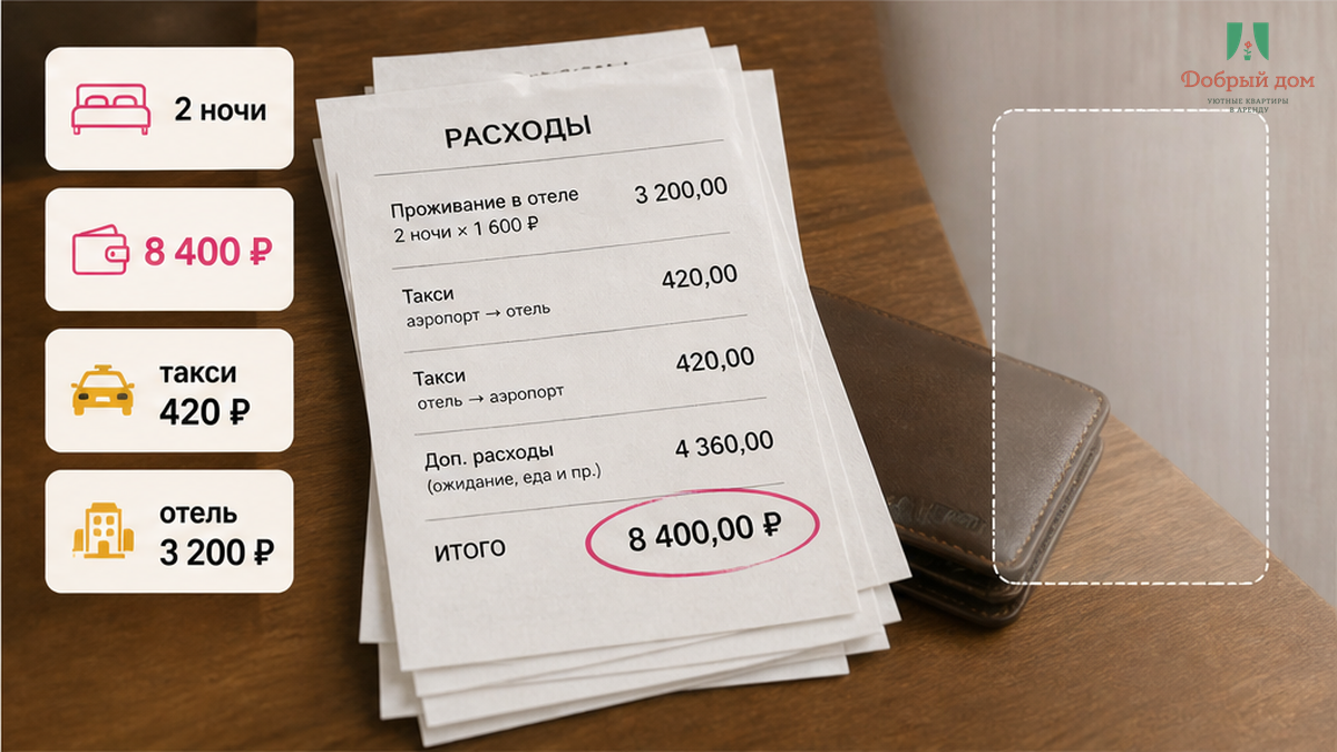 Суммы утра: две ночи, такси с вокзала и запасной отель на полдня.