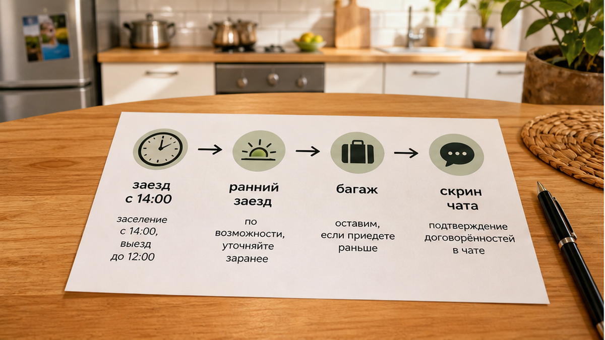 Расчётный час: заезд с 14:00, выезд до 12:00 — бесконтакт не отменяет окно.