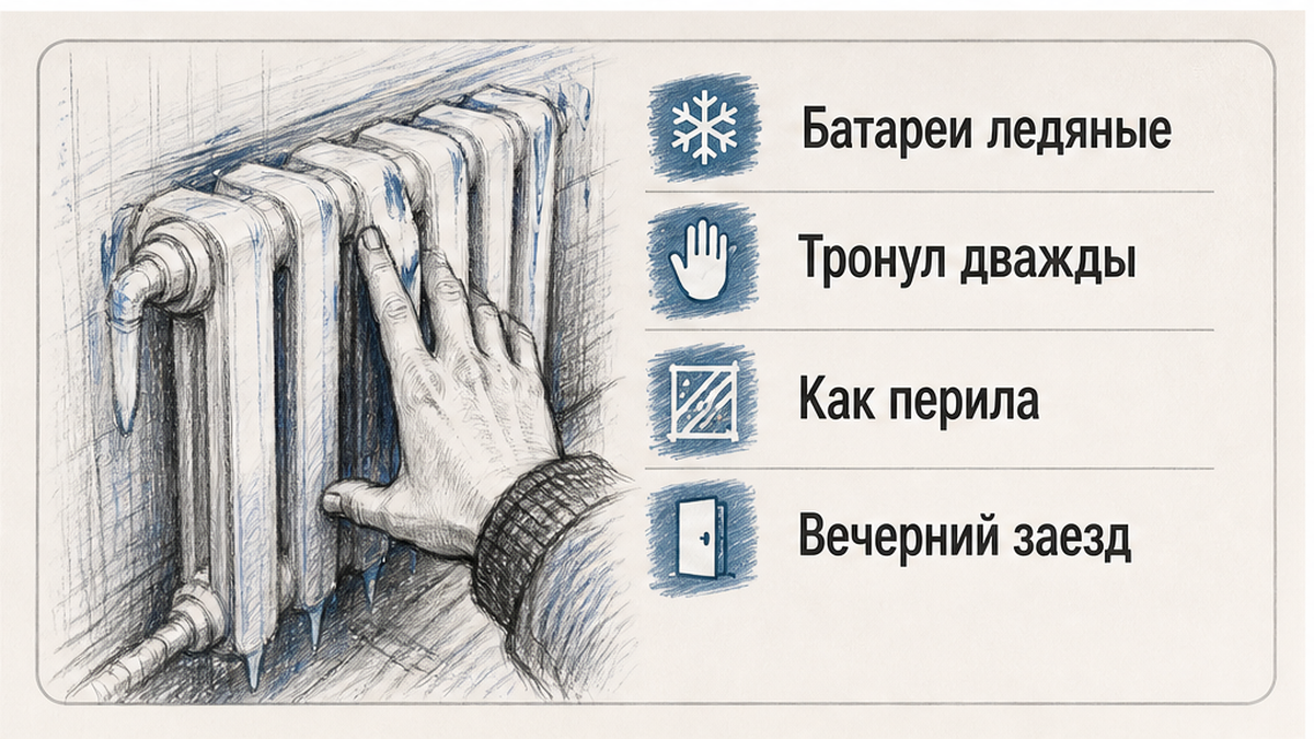 Батареи ледяные — гость тронул дважды, как перила в подъезде, вечером после заезда.