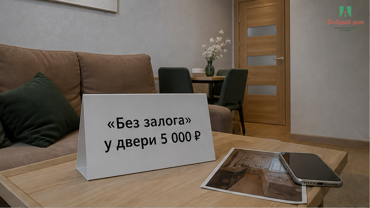 Гость с чемоданом у двери посуточной квартиры в Тюмени: на стене крупный заголовок «Без залога — у двери 5 000 ₽», хост показывает сумму на телефоне после оплаченных ночей.