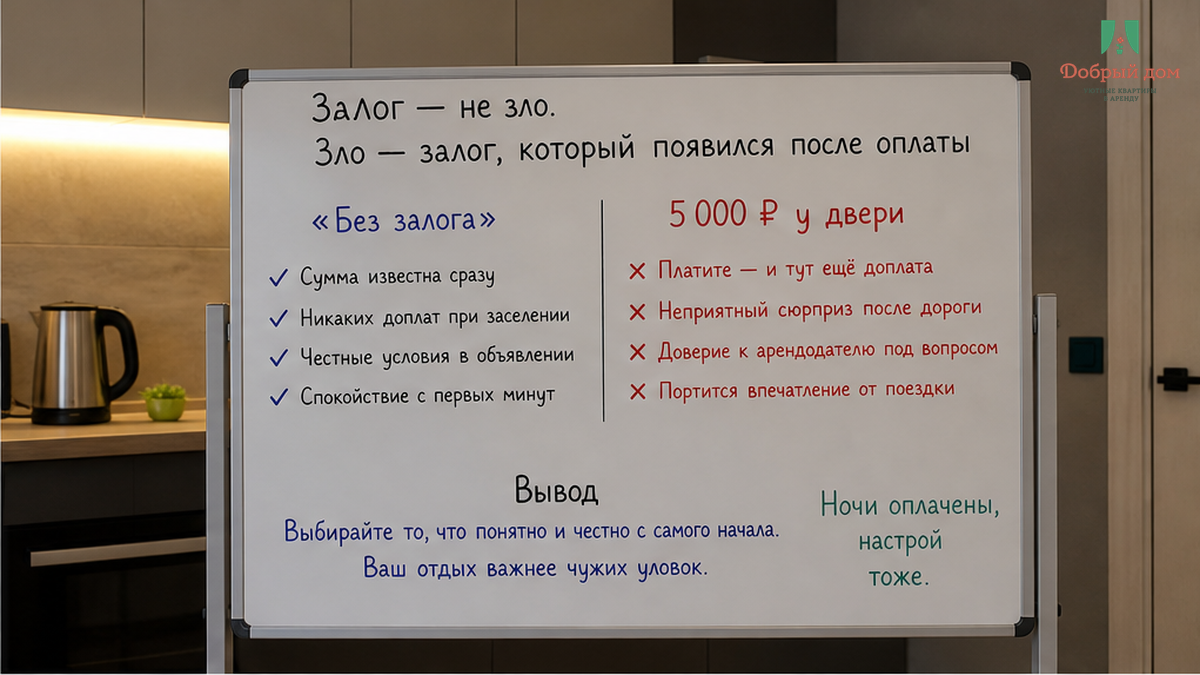Сравнение: в карточке «без залога», а у двери просят 5 000 ₽ после оплаты ночей.