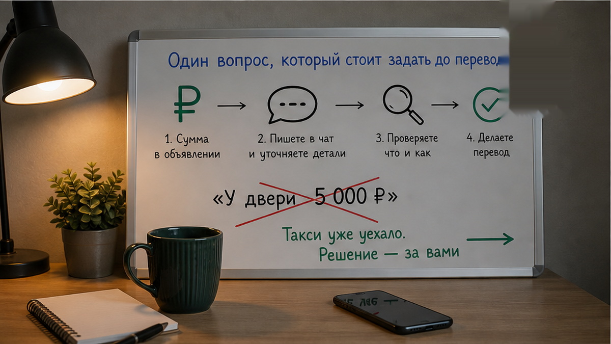 Порядок: сначала сумма и срок возврата в чате, потом перевод — не наоборот.