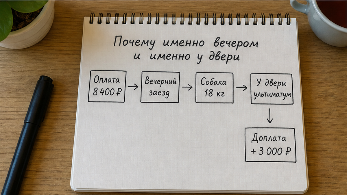 Схема: оплата, вечерний заезд и доплата у двери