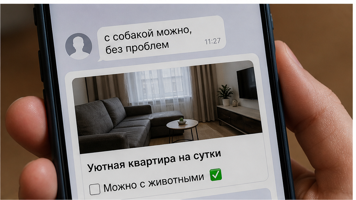 Смартфон с перепиской «с собакой можно» и галочка «можно с животными» в объявлении.