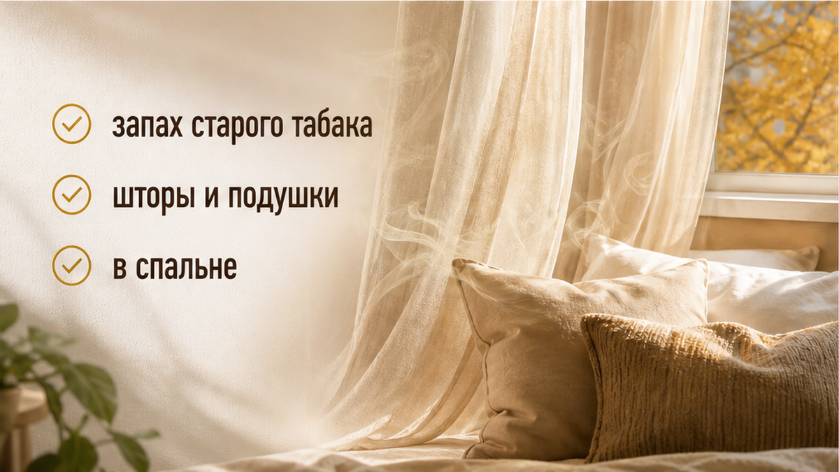 Табачный запах, въевшийся в текстиль спальни: шторы, подушки, матрас.