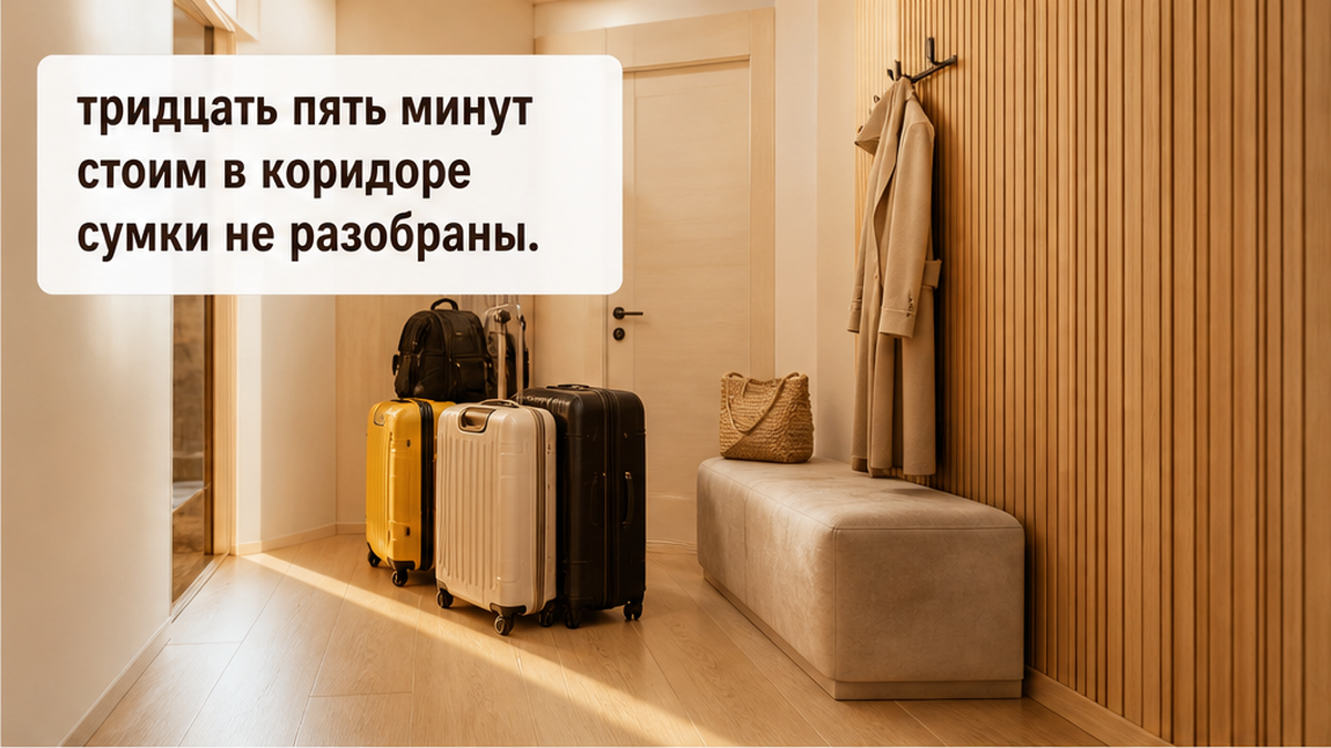Семья стоит в прихожей 35 минут с неразобранными сумками, ожидая решения по запаху и окну.