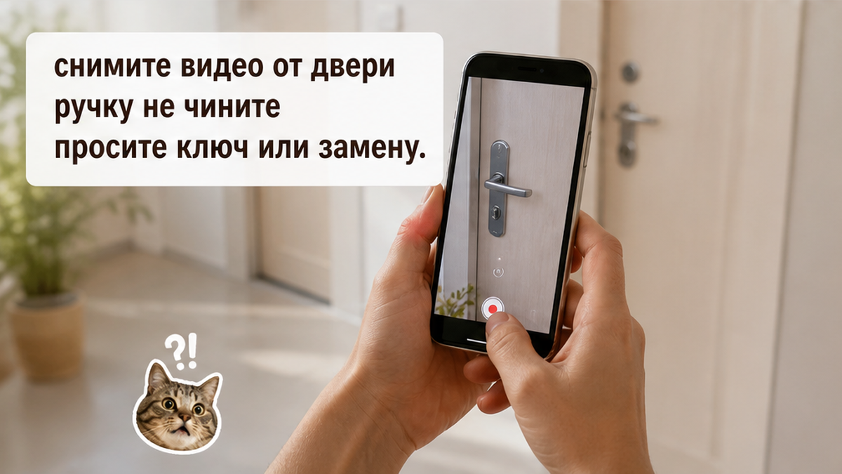 Список действий гостю: снять видео, не чинить ручку, просить ключ или замену до принятия ночи.