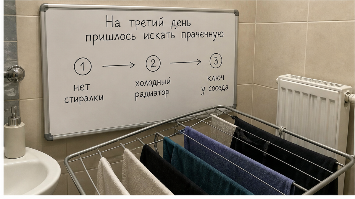 На третий день: машинки нет, батарея холодная, ключ от общей стиралки у соседки.