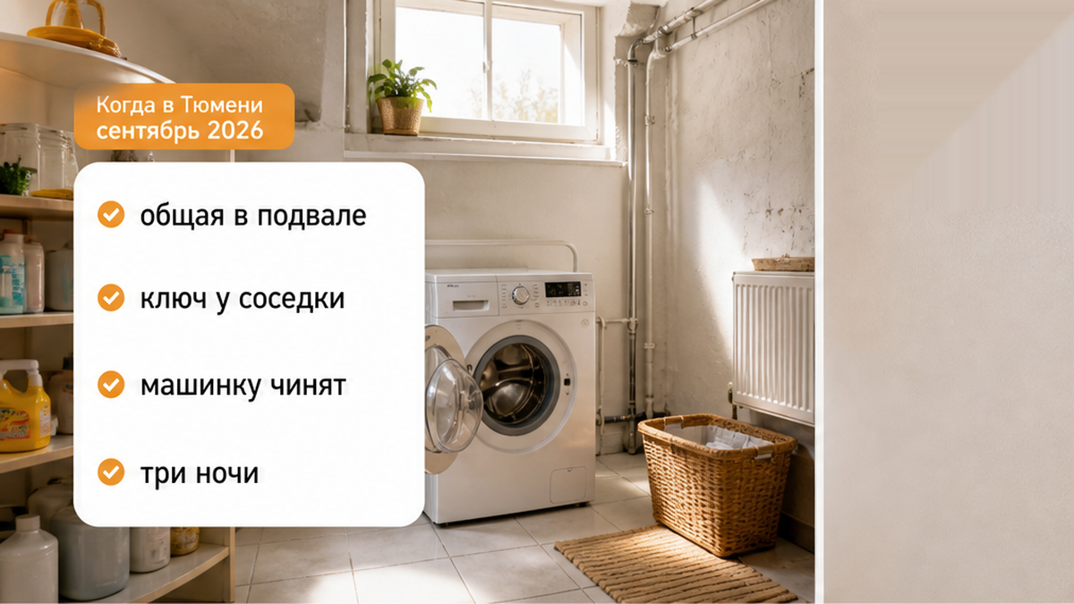 Гость у двери в подвал с запиской о том, что общая стиральная машина недоступна.