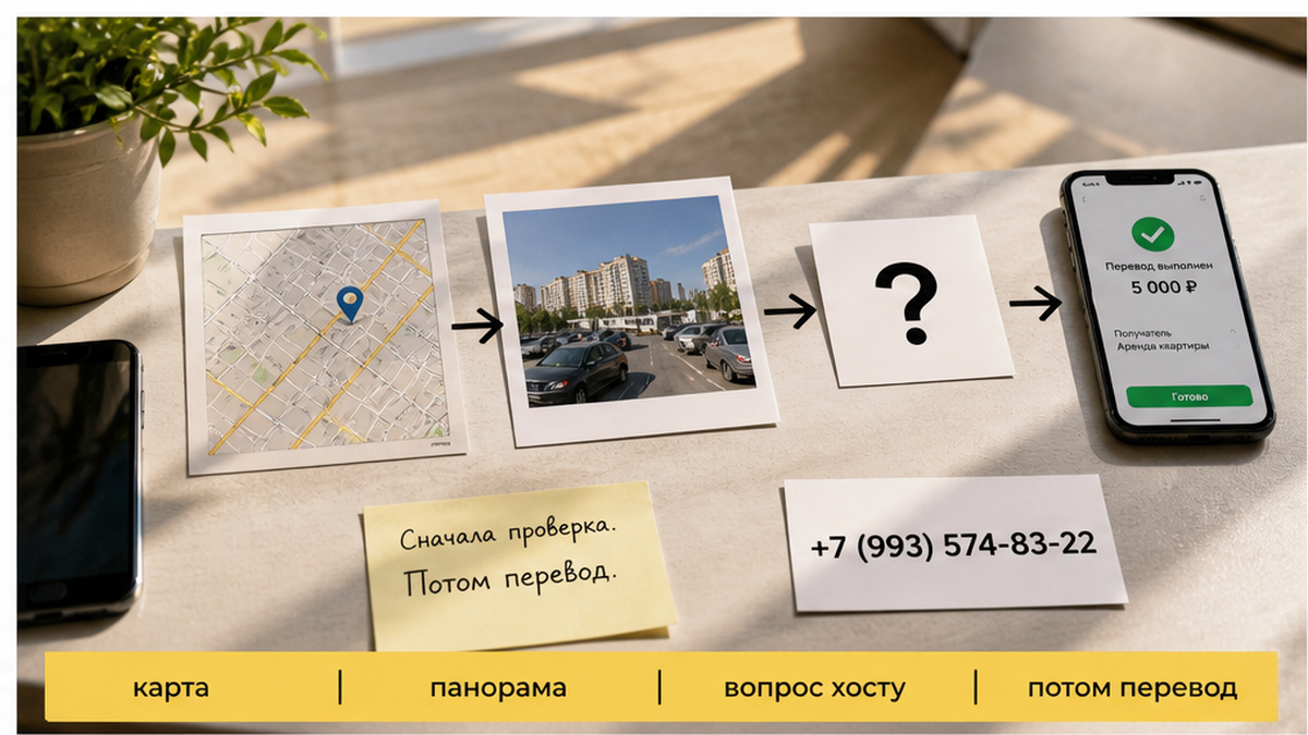 Порядок действий: карта и панорама, вопрос хосту, потом перевод — не наоборот.
