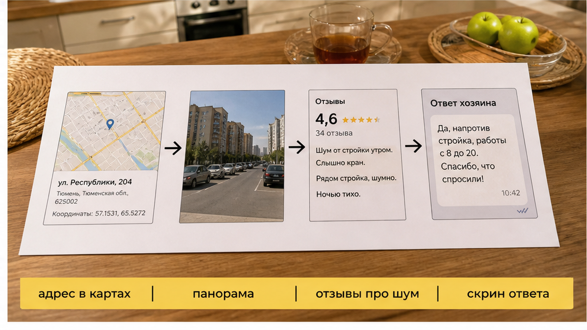 Чек-лист перед оплатой: адрес, панорама, отзывы про шум, скрин ответа хоста.