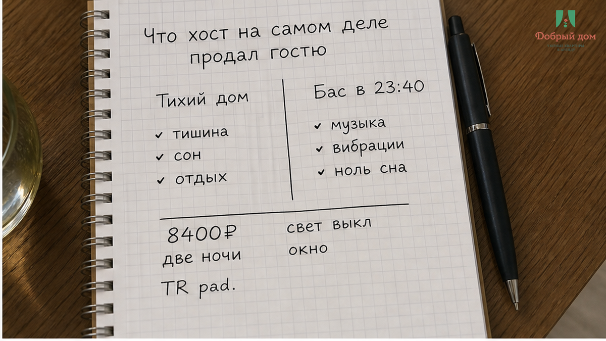 Сравнение: обещание тихого дома и реальность — бас из соседней квартиры ночью.