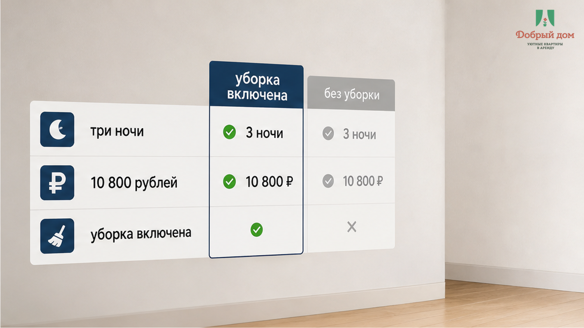 Три ночи за 10 800 ₽: в карточке написано «уборка включена», но отдельной строки про бельё не было.