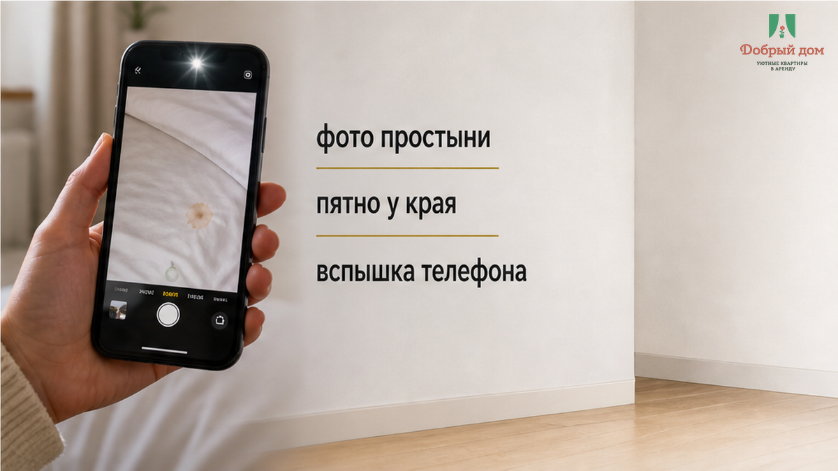 На экране телефона — фото смятого белья с пятном у края, снятое вспышкой на выезде.
