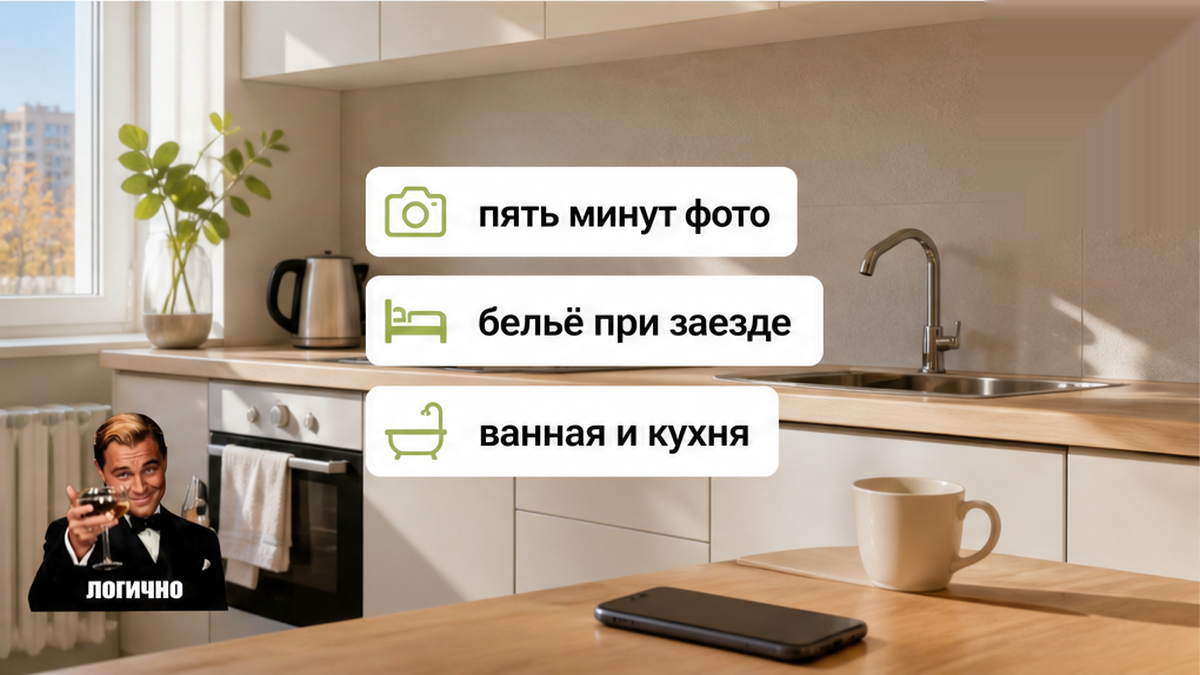 При заселении за пять минут сфотографировать кровать, бельё, ванную и кухню — чтобы на выезде был факт, а не «мне кажется».