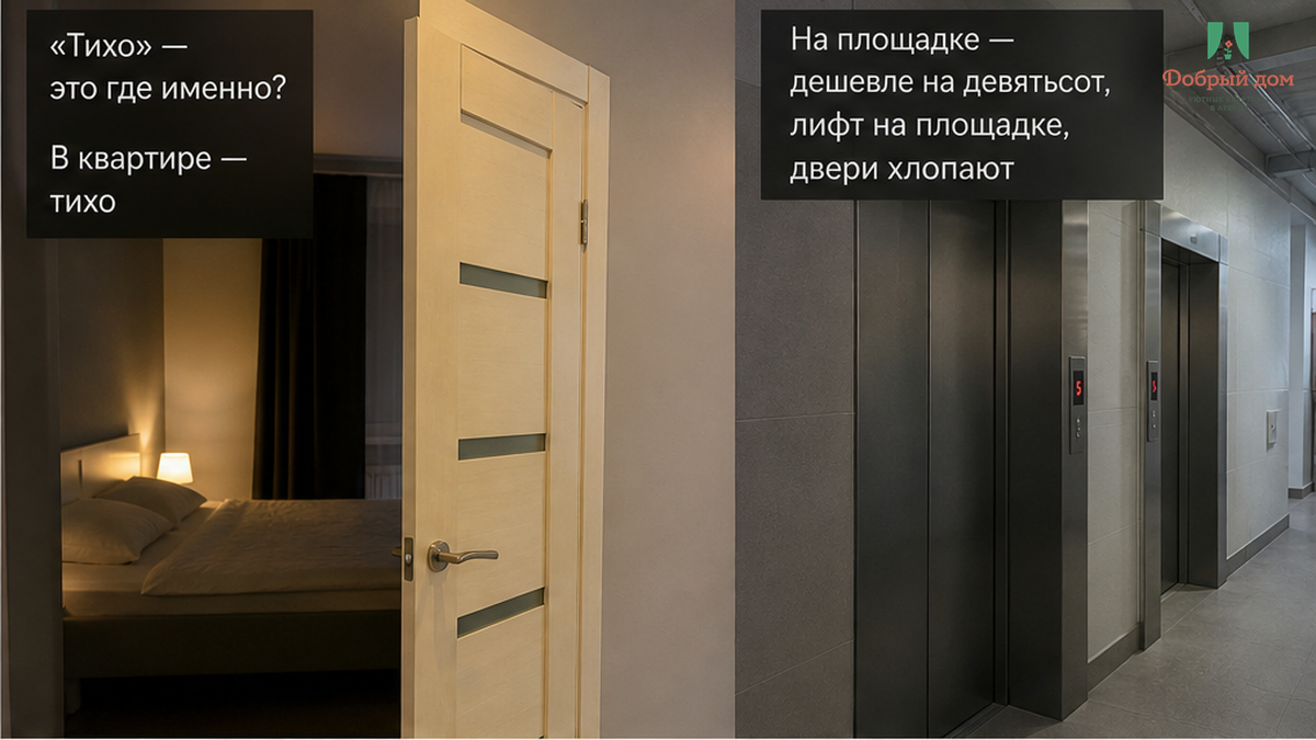 Сравнение: в квартире тихо, а коридор и лифт слышны ночью.