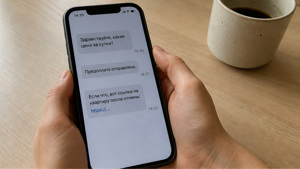 Телефон показывает три сообщения: цена, отправленная предоплата и ссылка с условиями отмены после отмены поездки.