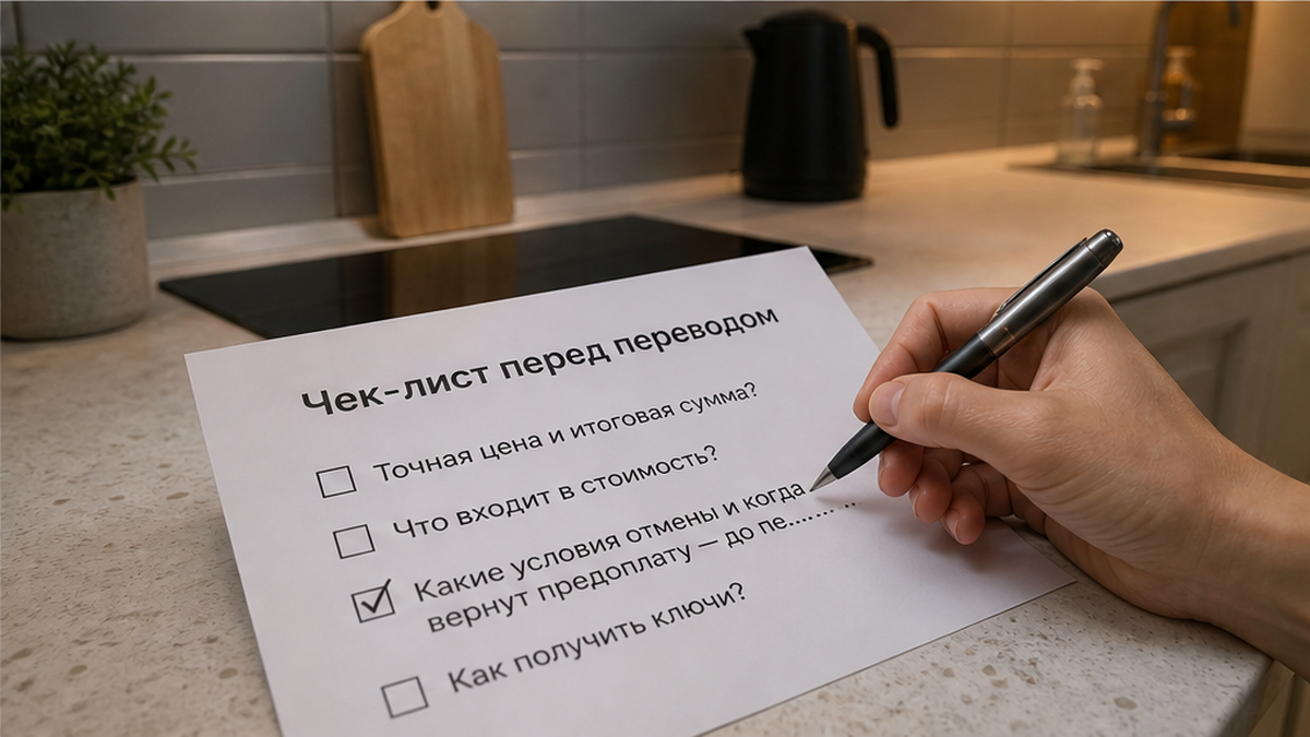 Чек-лист с главным вопросом об условиях отмены и возврате предоплаты до перевода денег.