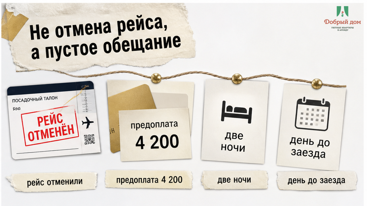 Инфографика о бронировании двух ночей в Тюмени и отмене рейса за день до заезда.