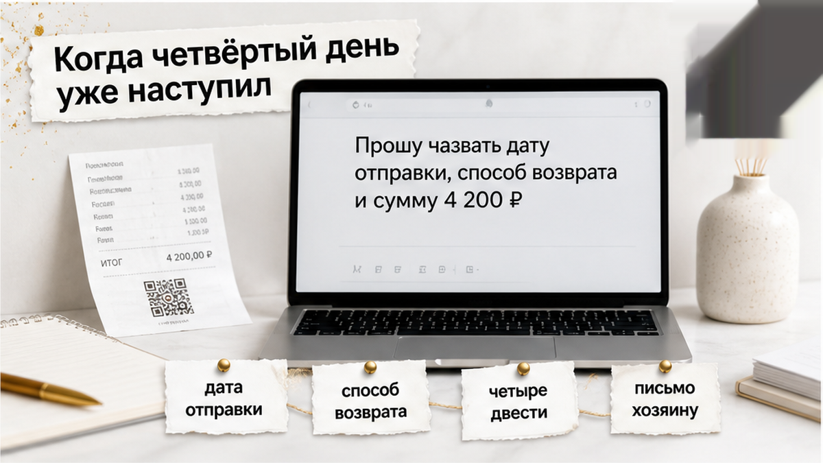 Пример спокойного сообщения с запросом даты и способа возврата денег.