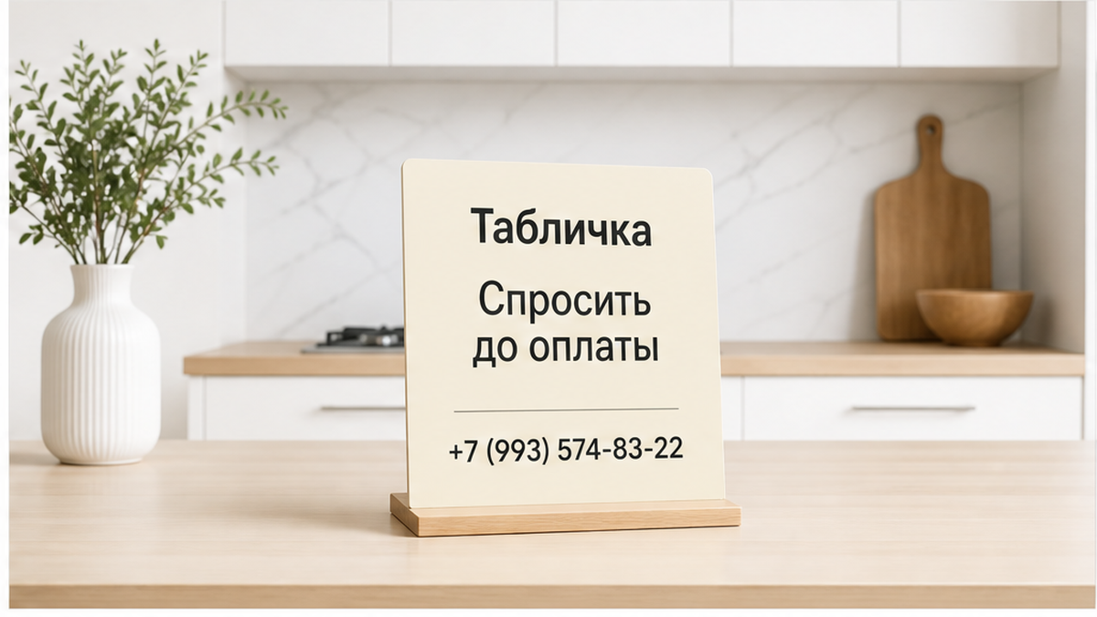 Табличка с телефоном на кухне — спросить до оплаты.