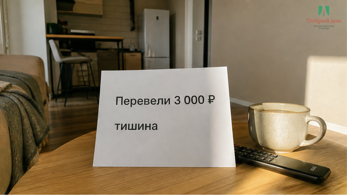 Чек перевода на 3 000 рублей, смартфон с молчащим чатом и блокнот с условиями.