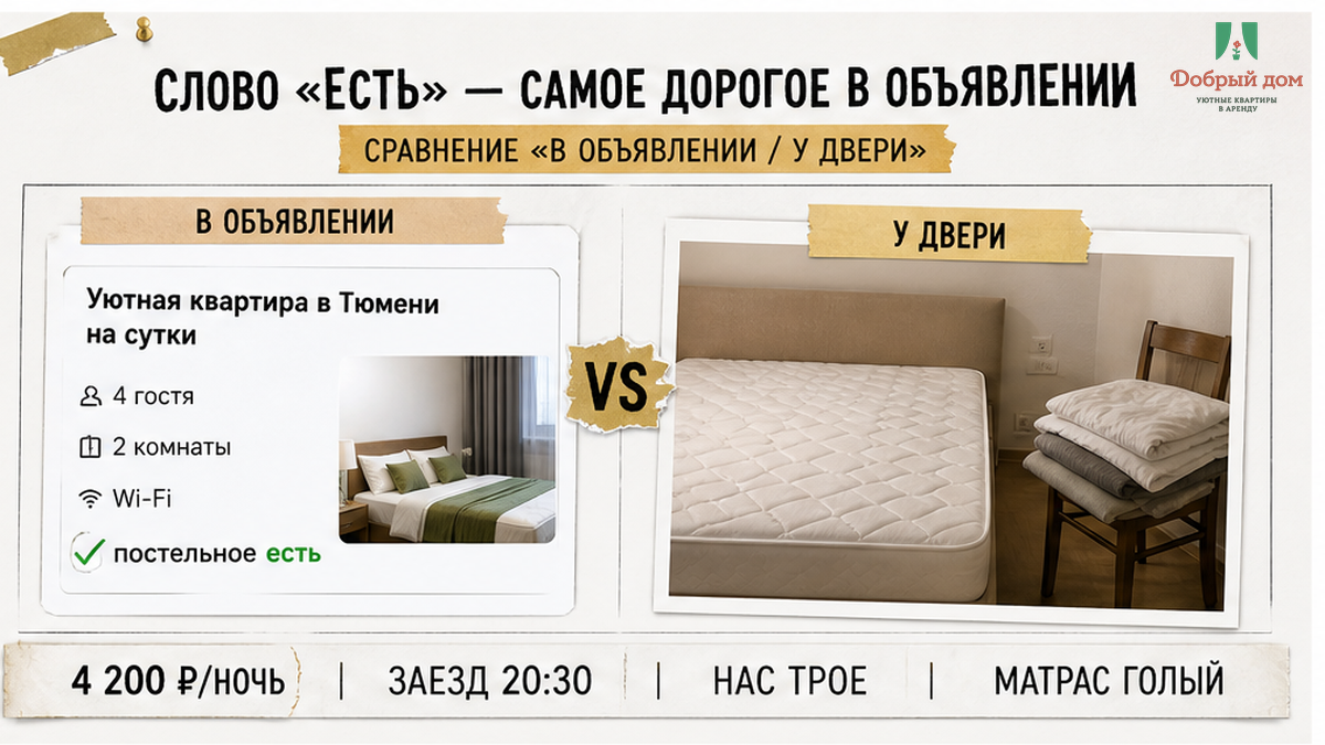 Сравнение обещания «постельное есть» и реальности: голый матрас и один комплект белья.
