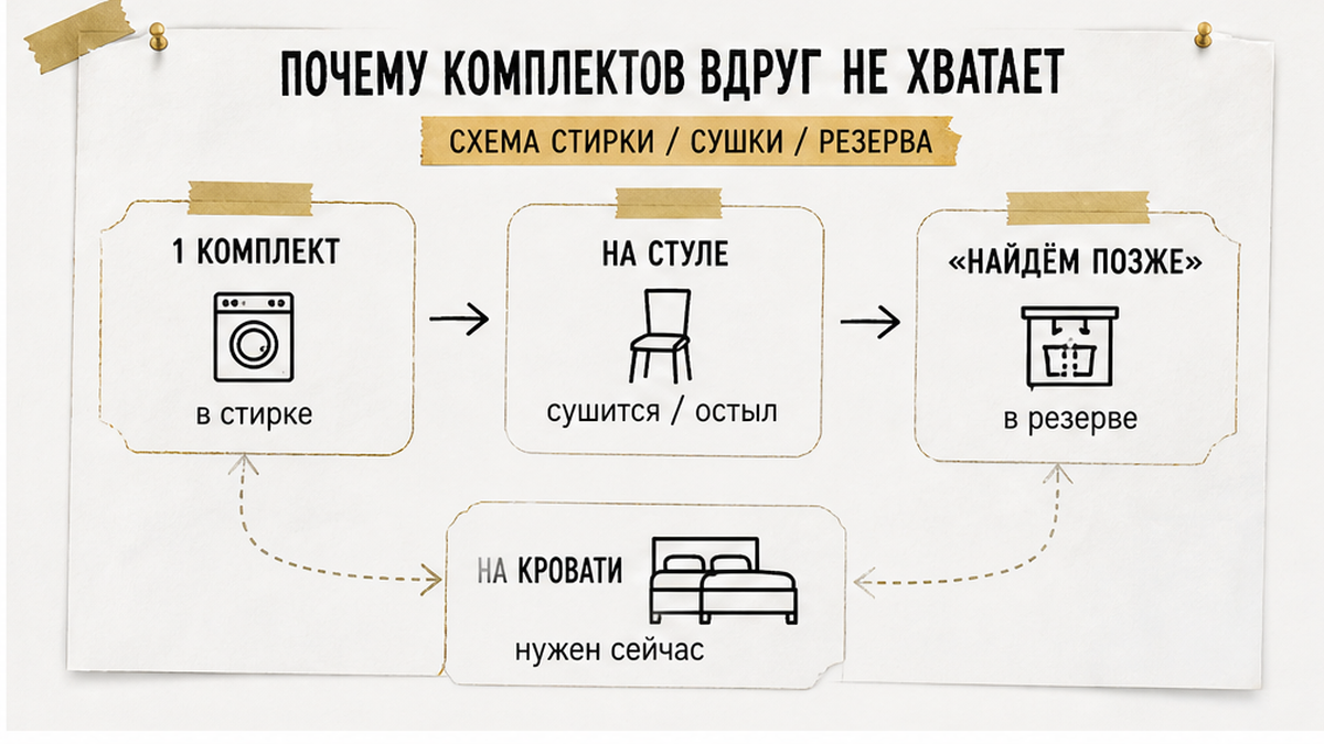 Схема почему не хватает комплектов: один на стуле, остальное «найдём позже».