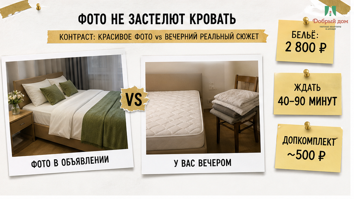 Сравнение рекламного фото с бельём и реального голого матраса вечером.