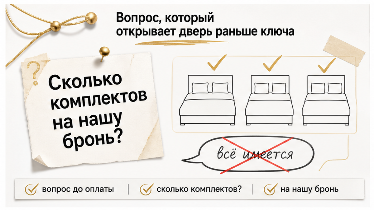 Правильный вопрос до оплаты: сколько комплектов подготовят на бронь.