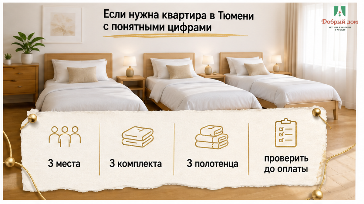 Три застеленных места, три комплекта и напоминание проверить до оплаты.