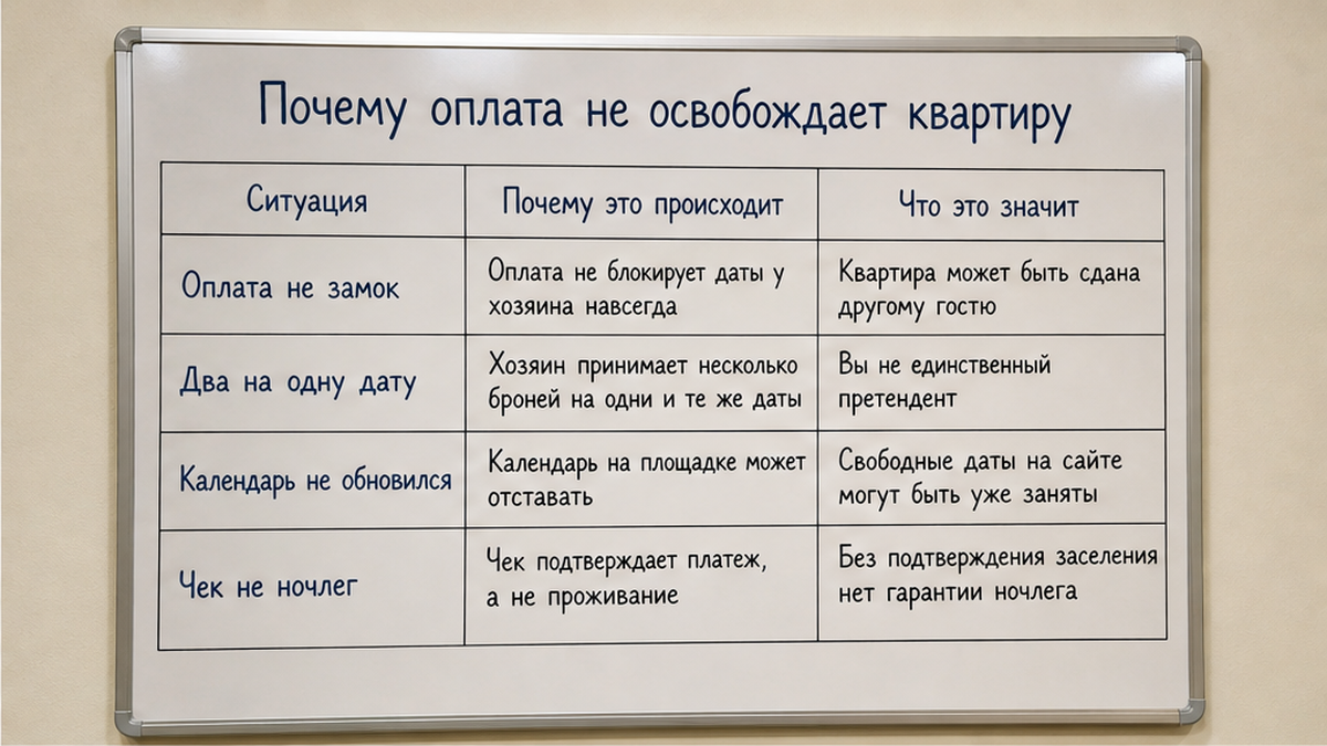 Оплата подтверждает перевод, но не гарантирует, что календарь не пересёкся с другим гостем.