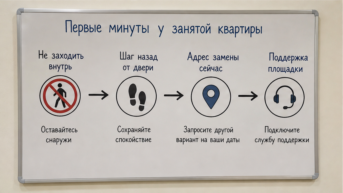 У занятой квартиры — не входить, отойти от двери, запросить замену и написать в поддержку площадки.