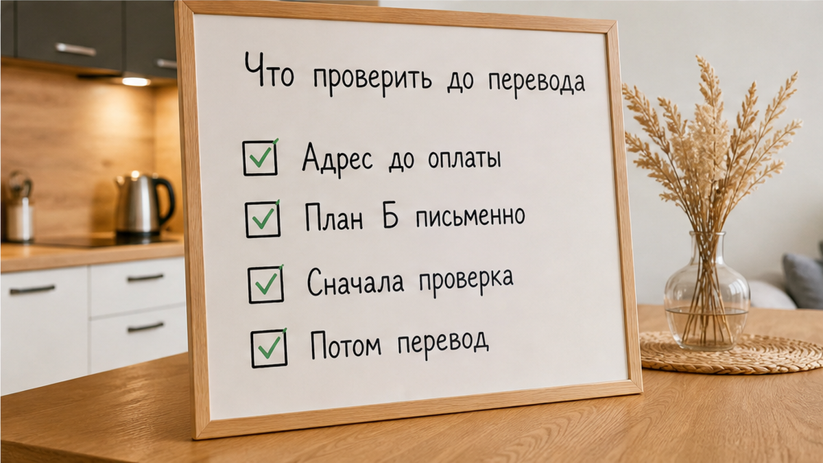До перевода: адрес, план Б письменно и проверка — потом оплата.