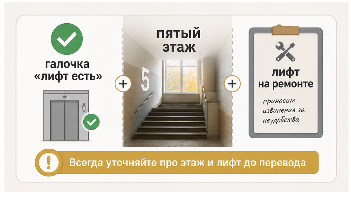 В карточке стоит галочка «лифт», но квартира на пятом этаже, а лифт остановлен на ремонт.