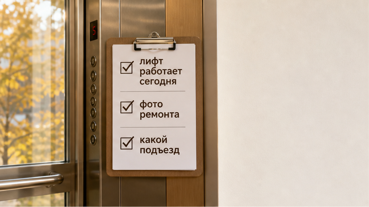 Перед заездом полезно уточнить, работает ли лифт сегодня, и попросить фото ремонта или таблички.