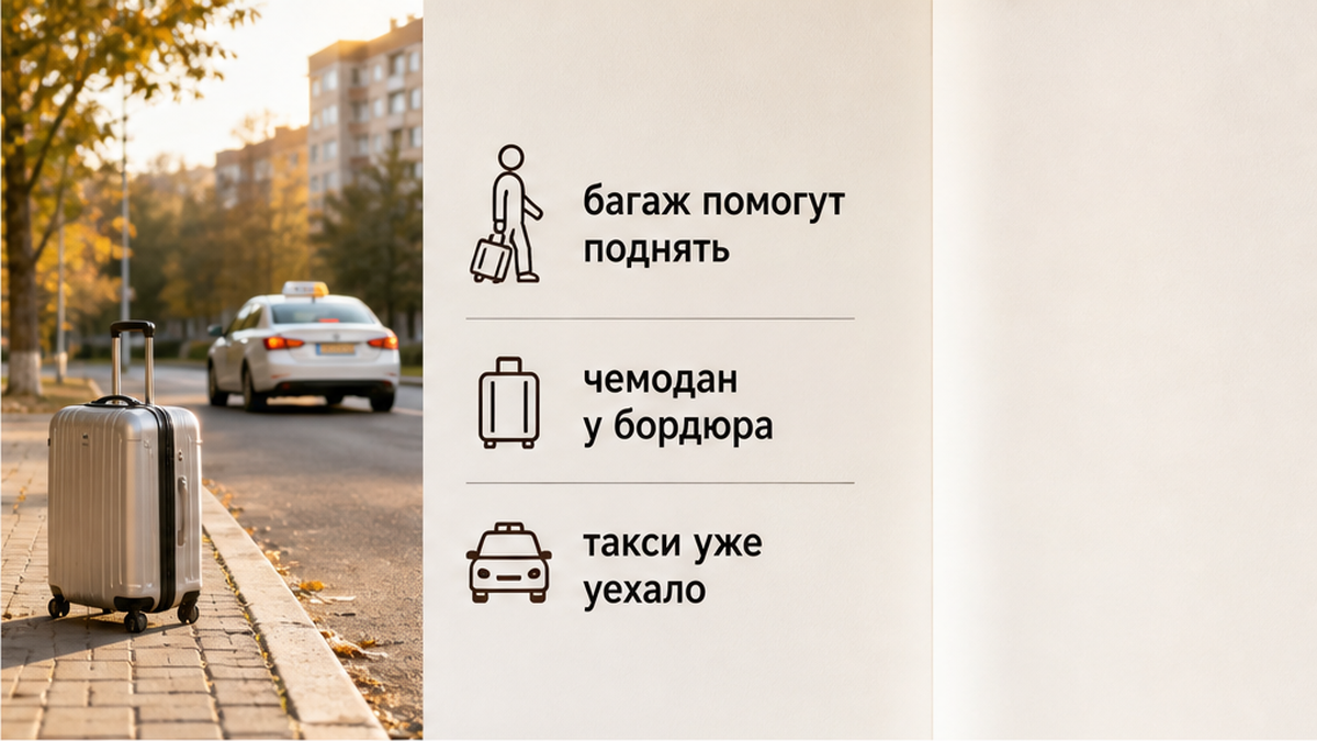 После такси чемодан остаётся у бордюра — стоит заранее спросить, помогут ли с багажом наверх.