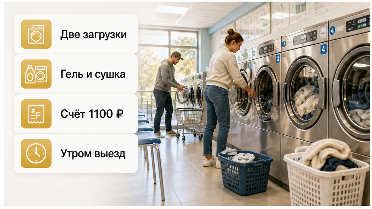 Две загрузки, гель, сушка — 1 100 ₽ вместо кофе перед выездом.