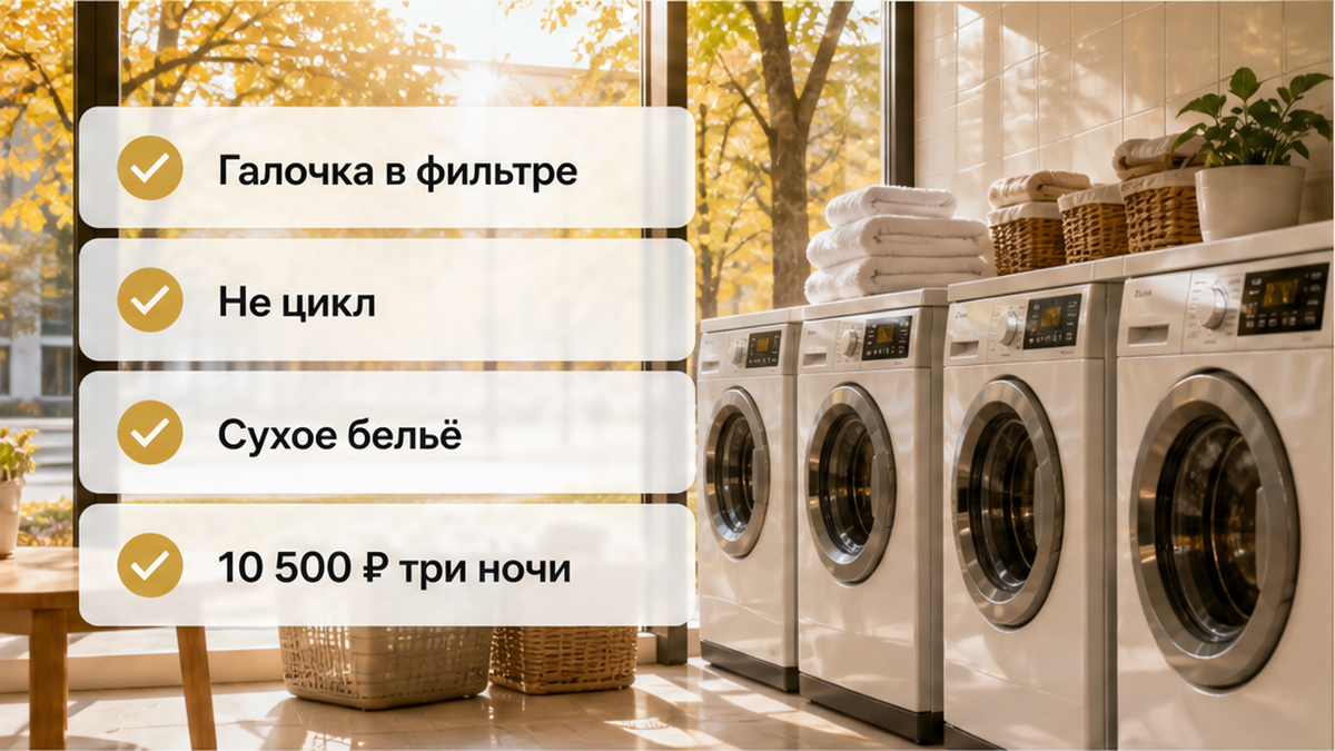 Галочка в фильтре не равна завершённому циклу и сухому белью за 10 500 ₽ за три ночи.