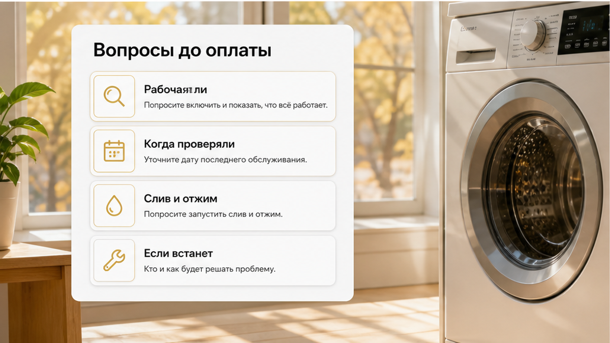 Спросить: стиральная рабочая, когда проверяли, слив и отжим, что если встанет.