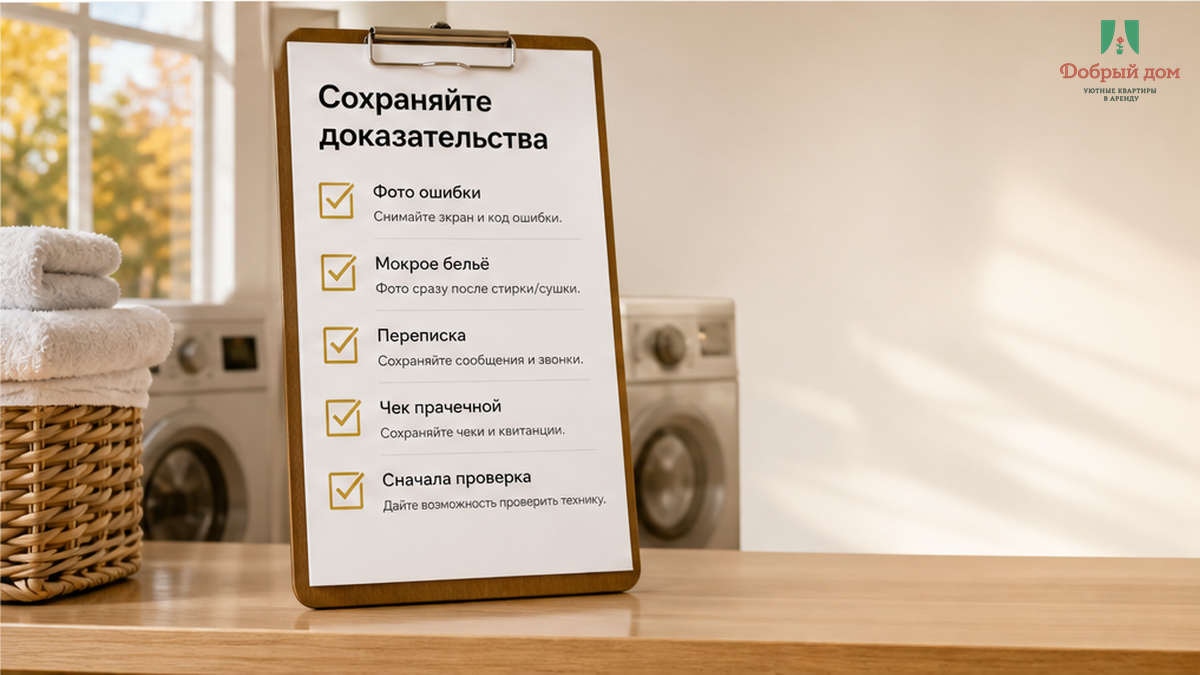 Сохранить фото ошибки, мокрого белья, переписку и чек прачечной — сначала проверка.