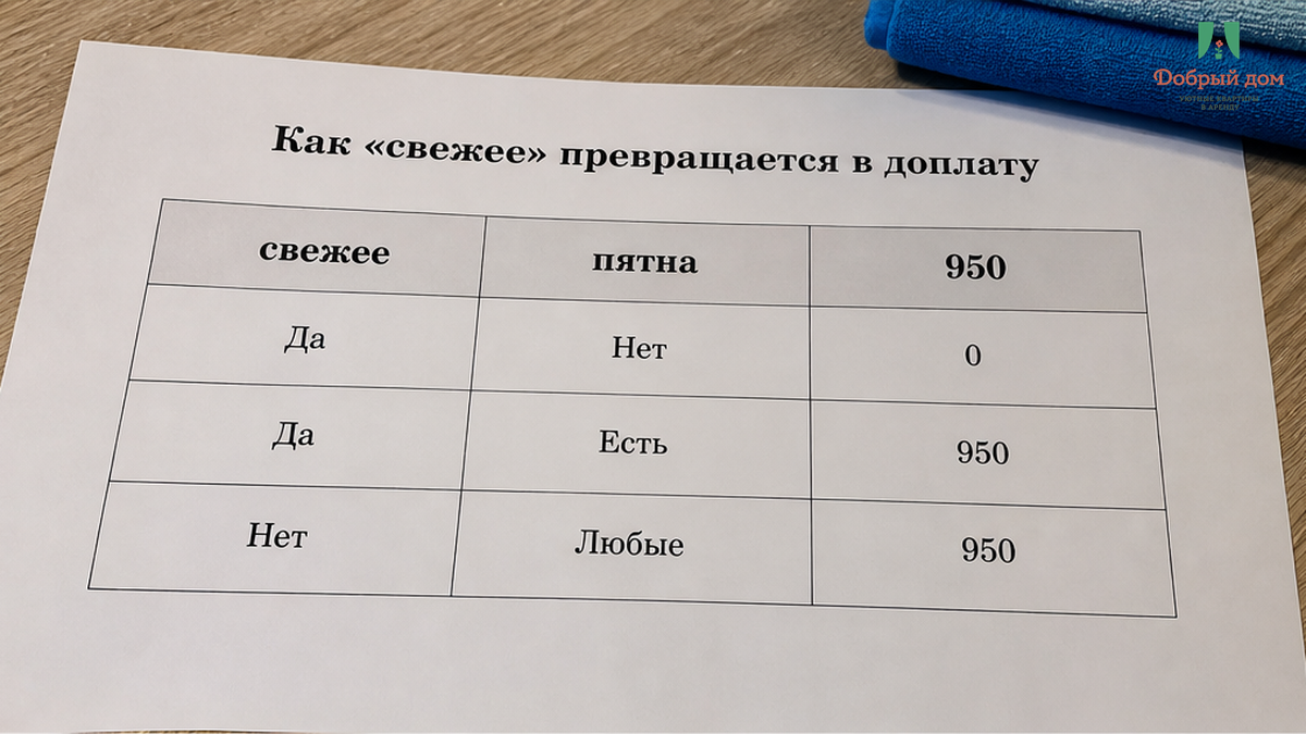 Карточка обещала свежее бельё — при заезде пятна и 950 ₽ в переписке.