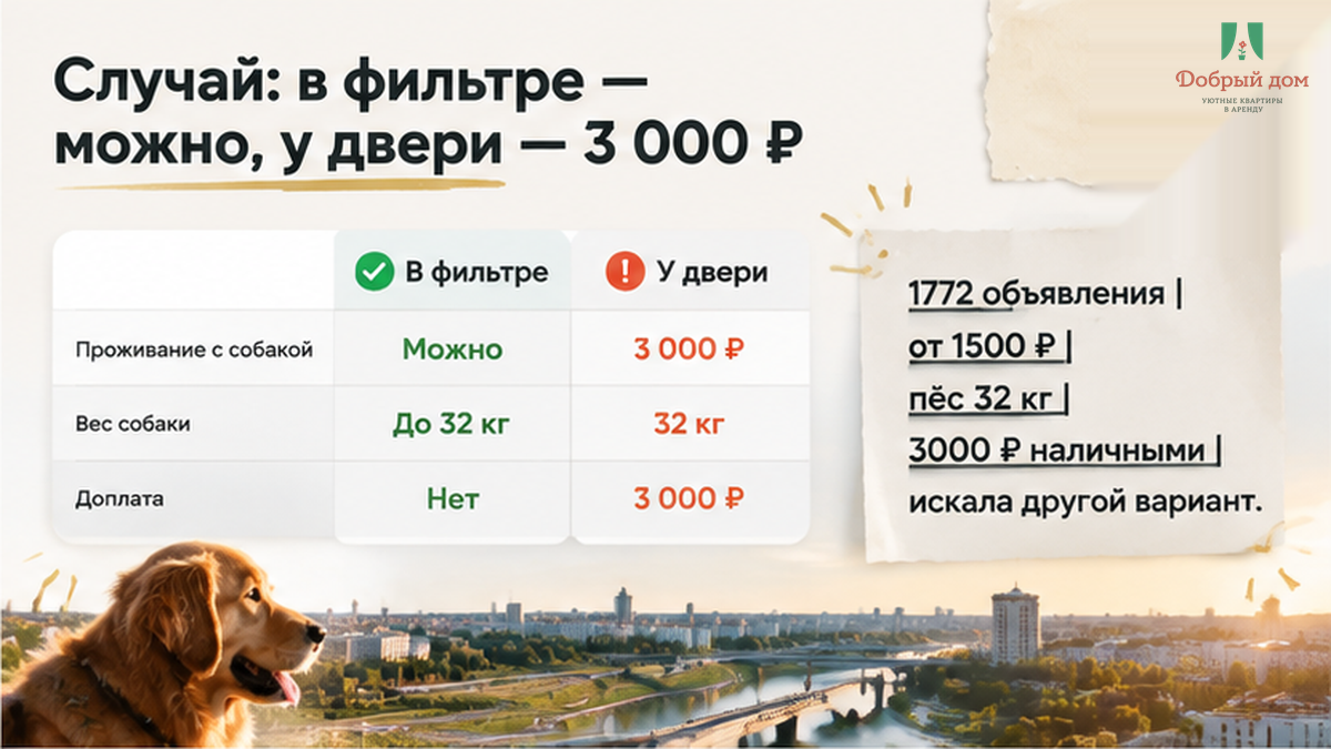 Сравнение pet-friendly фильтра и неожиданной доплаты 3000 рублей при заселении с собакой