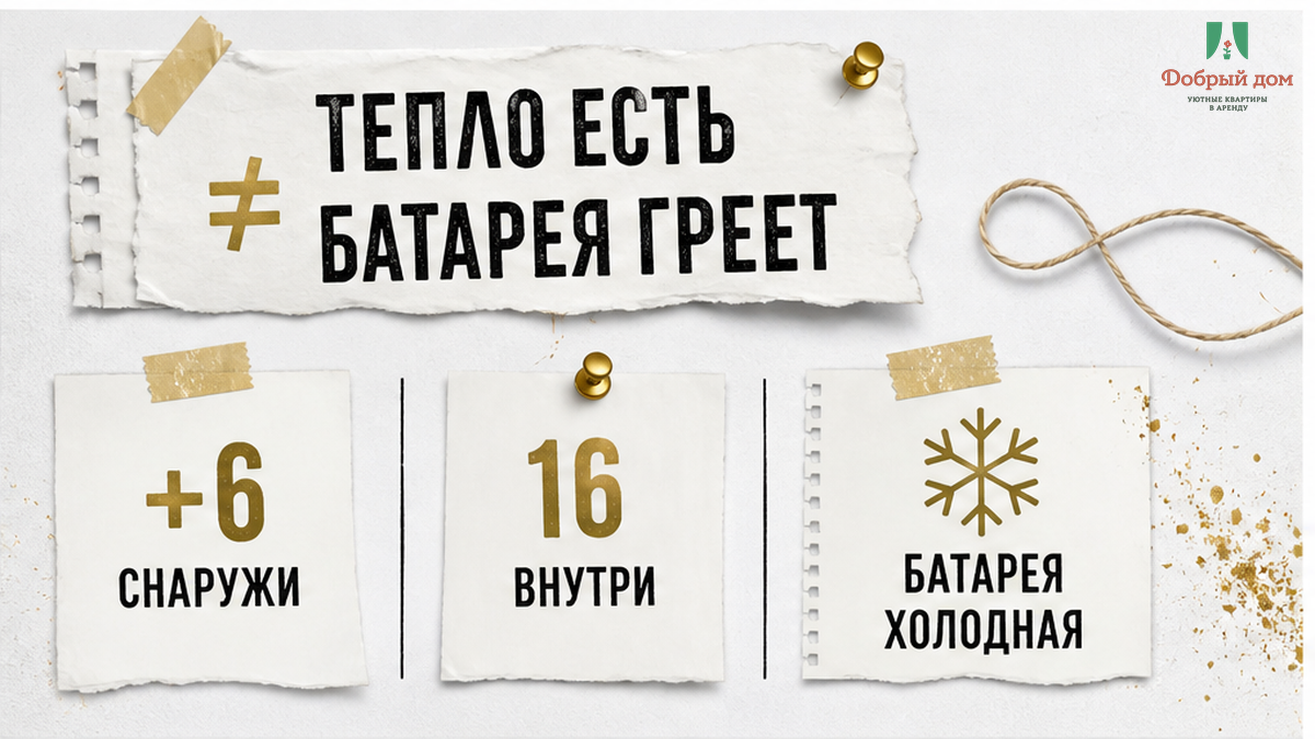 Сравнение температуры на улице и в комнате при холодной батарее в посуточной квартире.