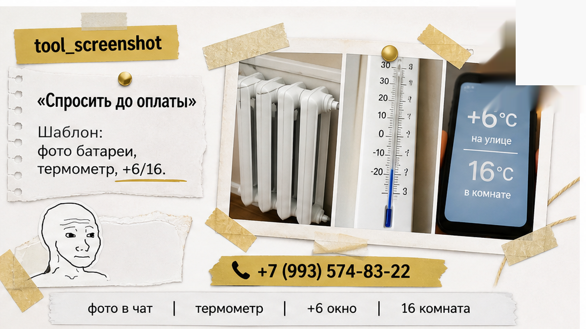 Пример сообщения хозяину с фото батареи и показаниями термометра до оплаты.