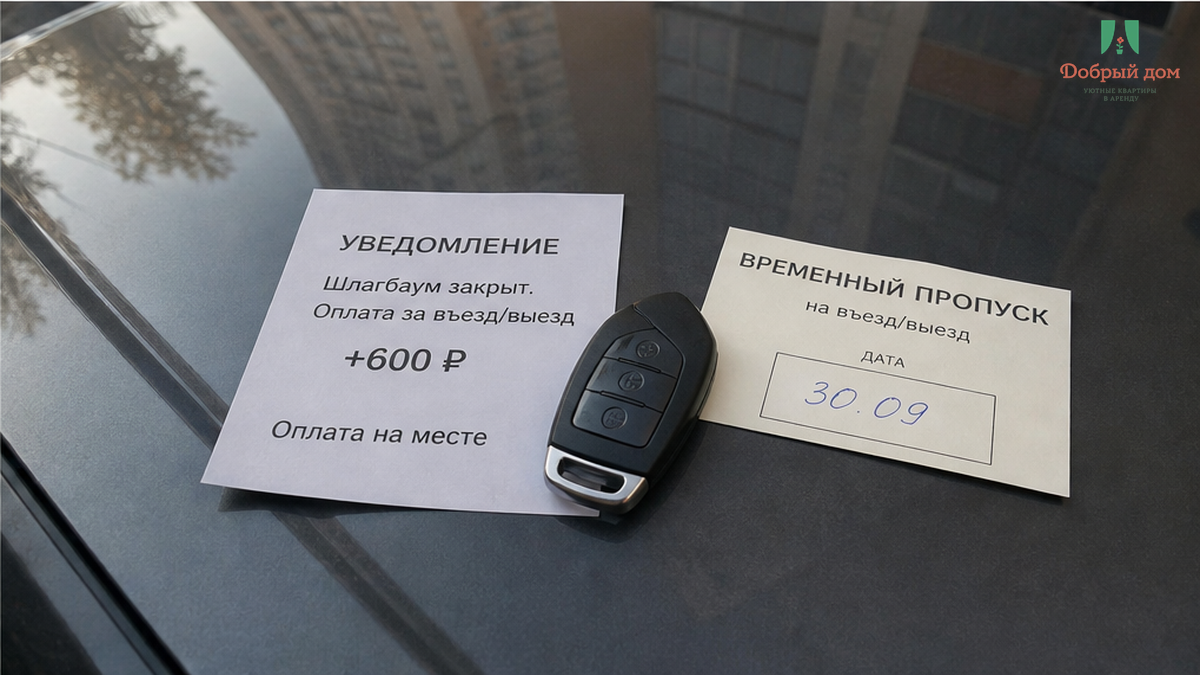 Парковочный талон, временный пропуск и уведомление с надписью «НЕТ ПРОПУСКА» на капоте автомобиля.