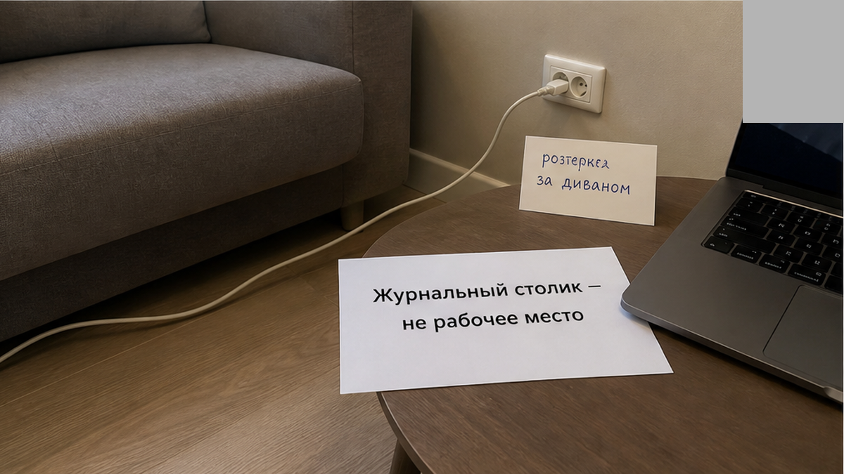 Схема: розетка за диваном, кабель не дотягивается до журнального столика.